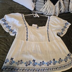 Embroidered White and Blue Women's Top